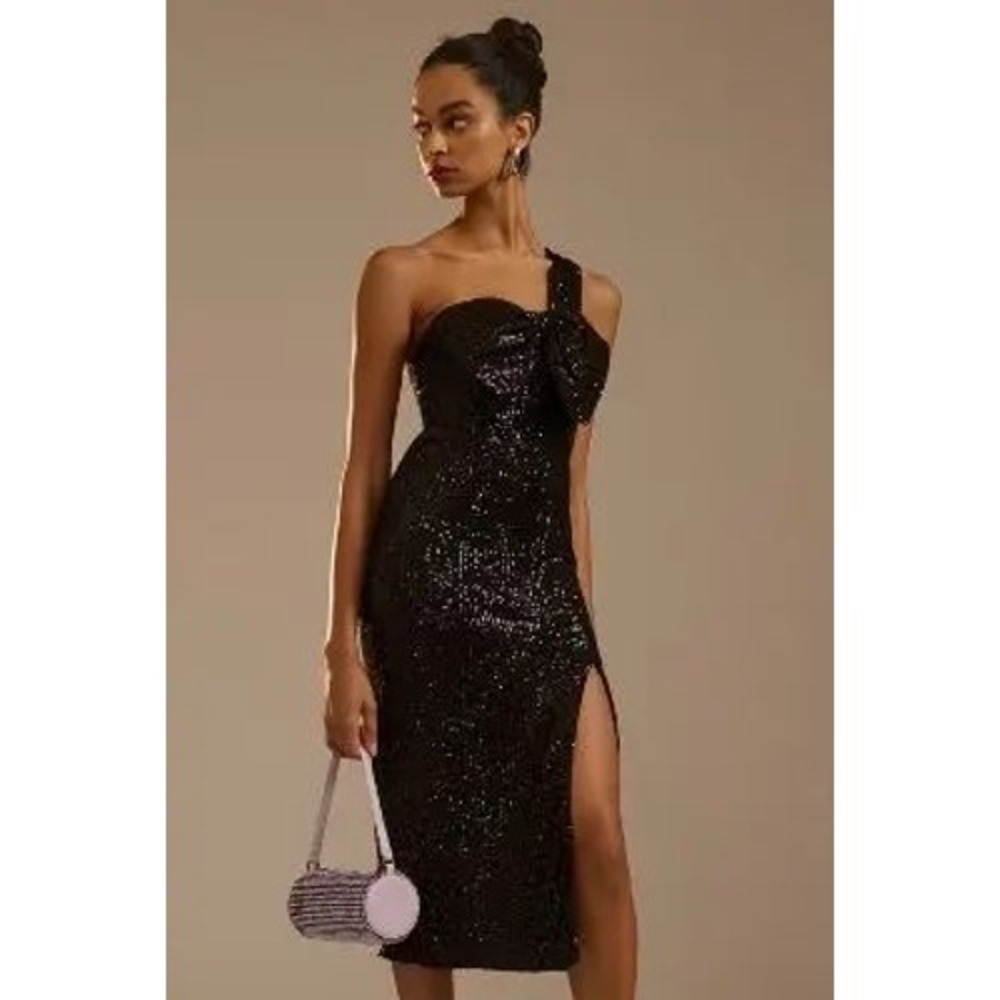 Mac Duggal Sequin Black One Shoulder Bow Midi Slit Cocktail Dress Sz 4 NWT
